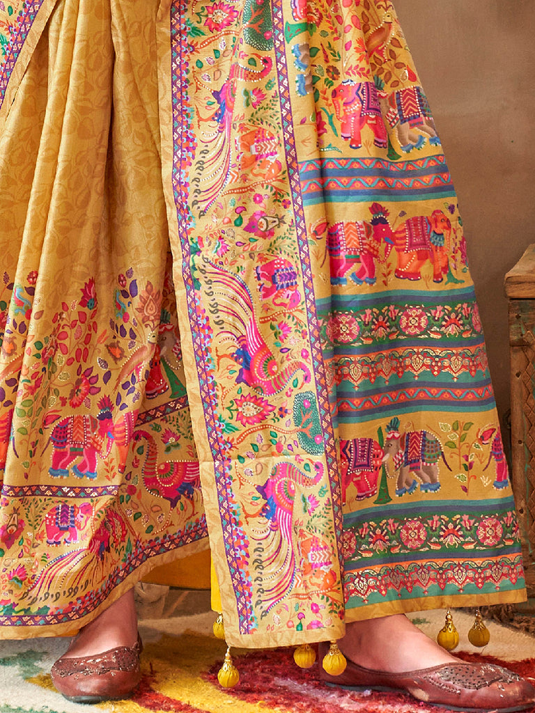 Gorgeous Yellow Digital Printed Silk Haldi Wear Saree With Blouse