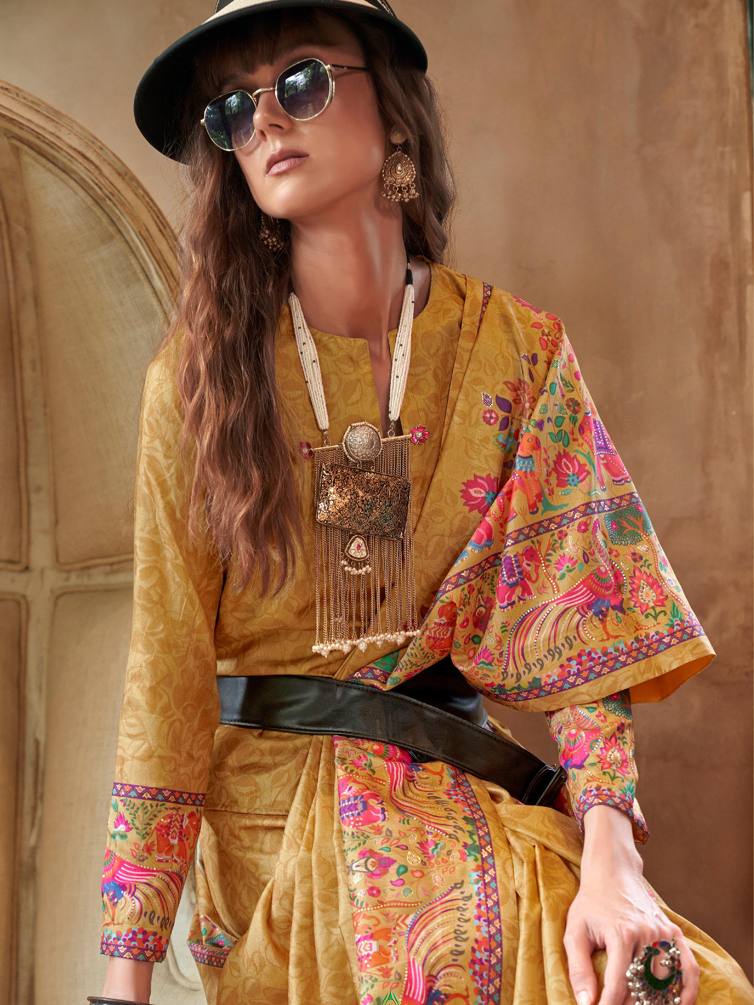 Gorgeous Yellow Digital Printed Silk Haldi Wear Saree With Blouse