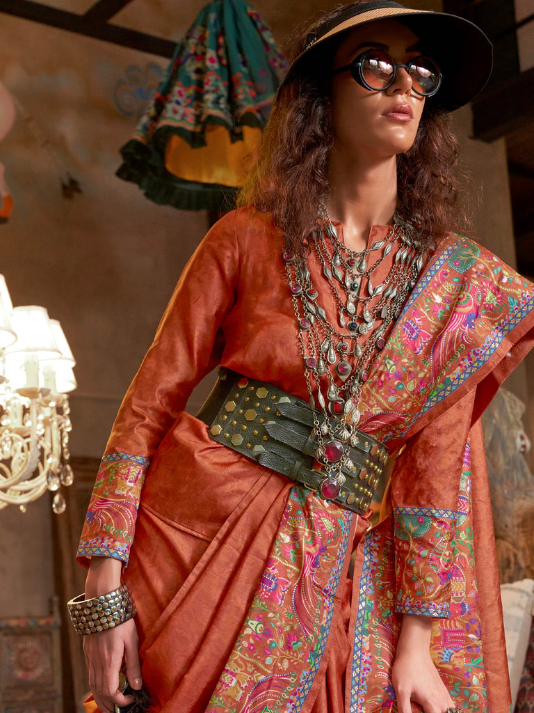 Elegant Orange Digital Printed Silk Festive Wear Saree With Blouse