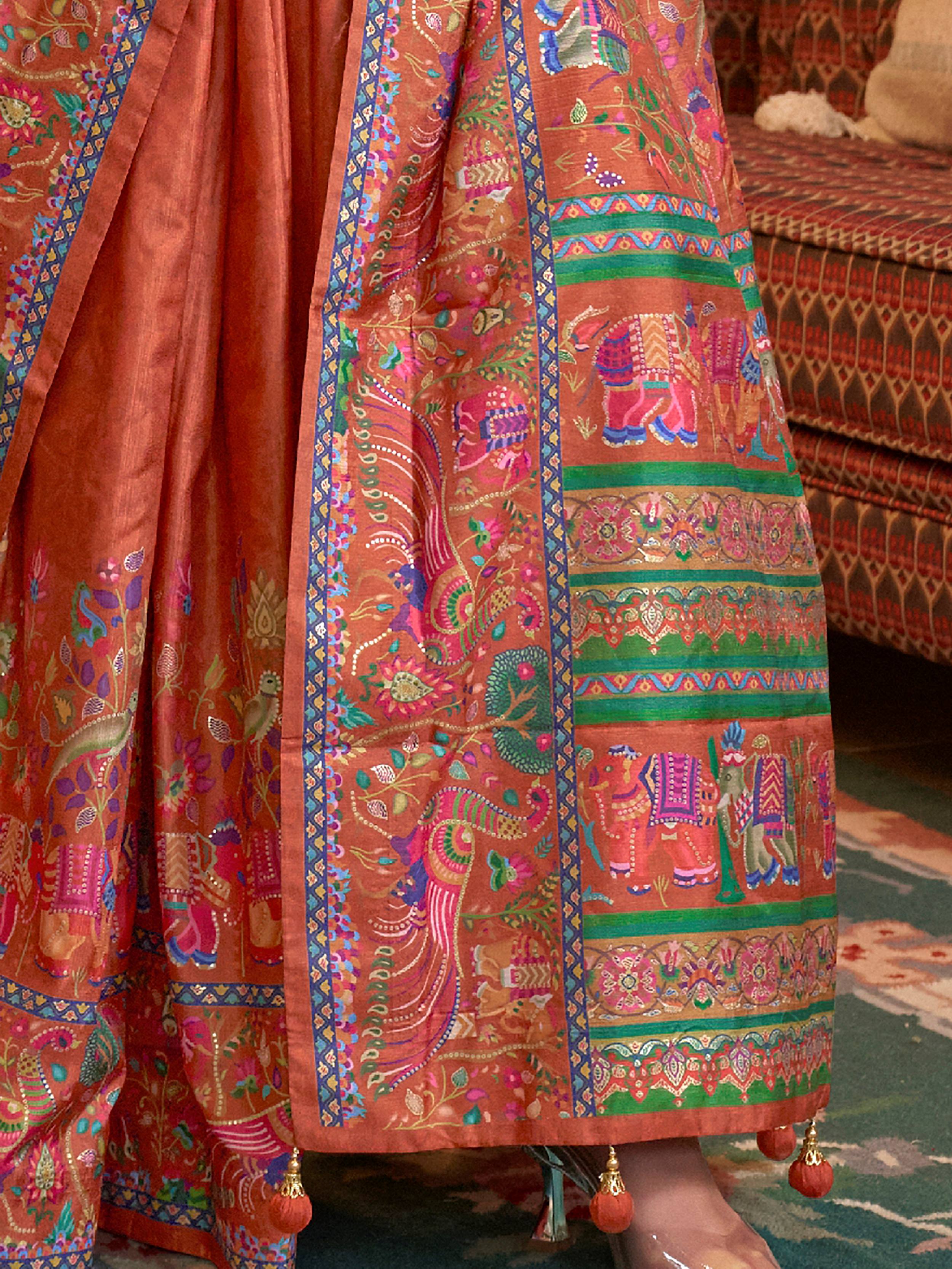 Elegant Orange Digital Printed Silk Festive Wear Saree With Blouse