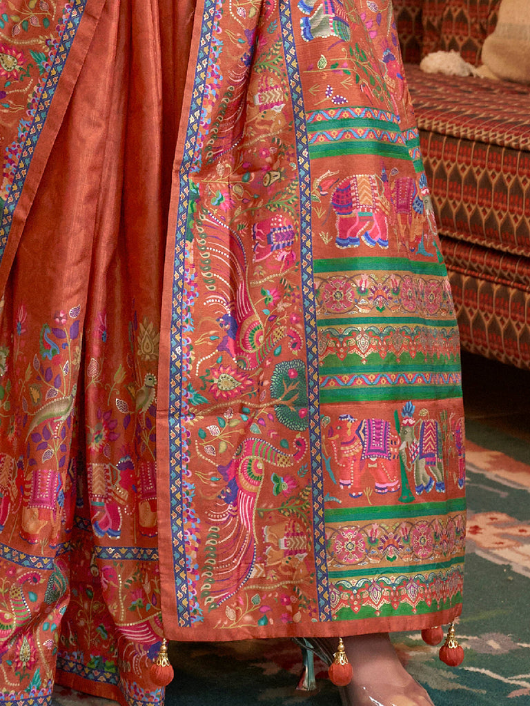Elegant Orange Digital Printed Silk Festive Wear Saree With Blouse
