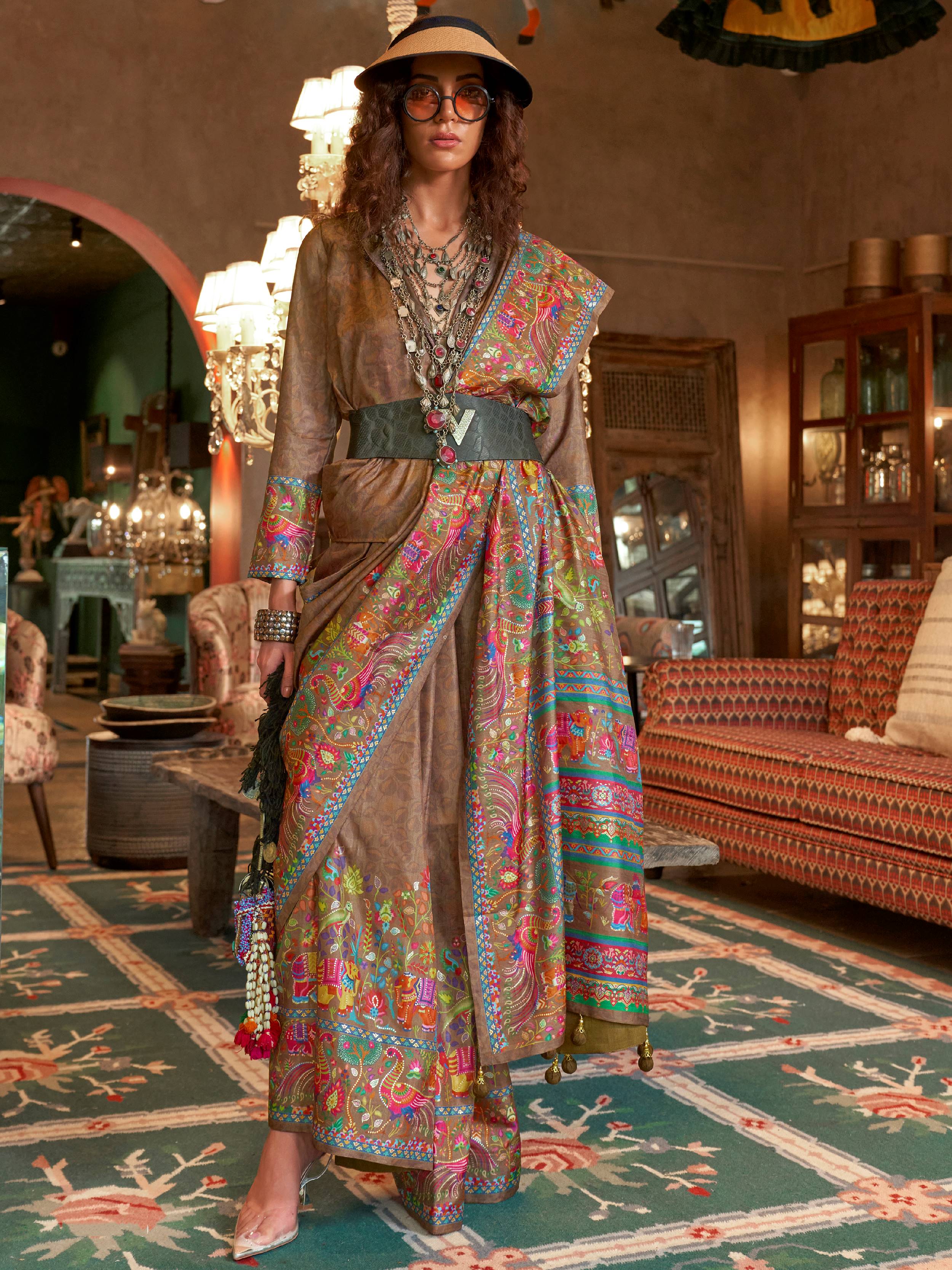 Captivating Brown Digital Printed Silk Wedding Wear Saree With Blouse