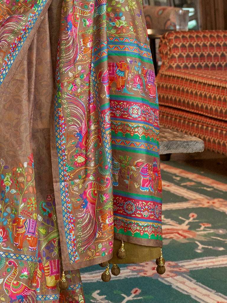 Captivating Brown Digital Printed Silk Wedding Wear Saree With Blouse