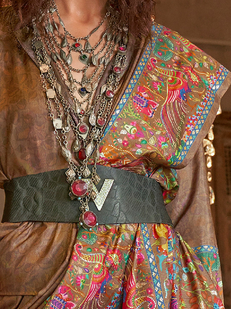 Captivating Brown Digital Printed Silk Wedding Wear Saree With Blouse