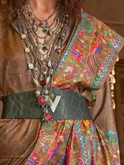 Captivating Brown Digital Printed Silk Wedding Wear Saree With Blouse
