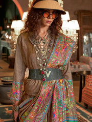 Captivating Brown Digital Printed Silk Wedding Wear Saree With Blouse