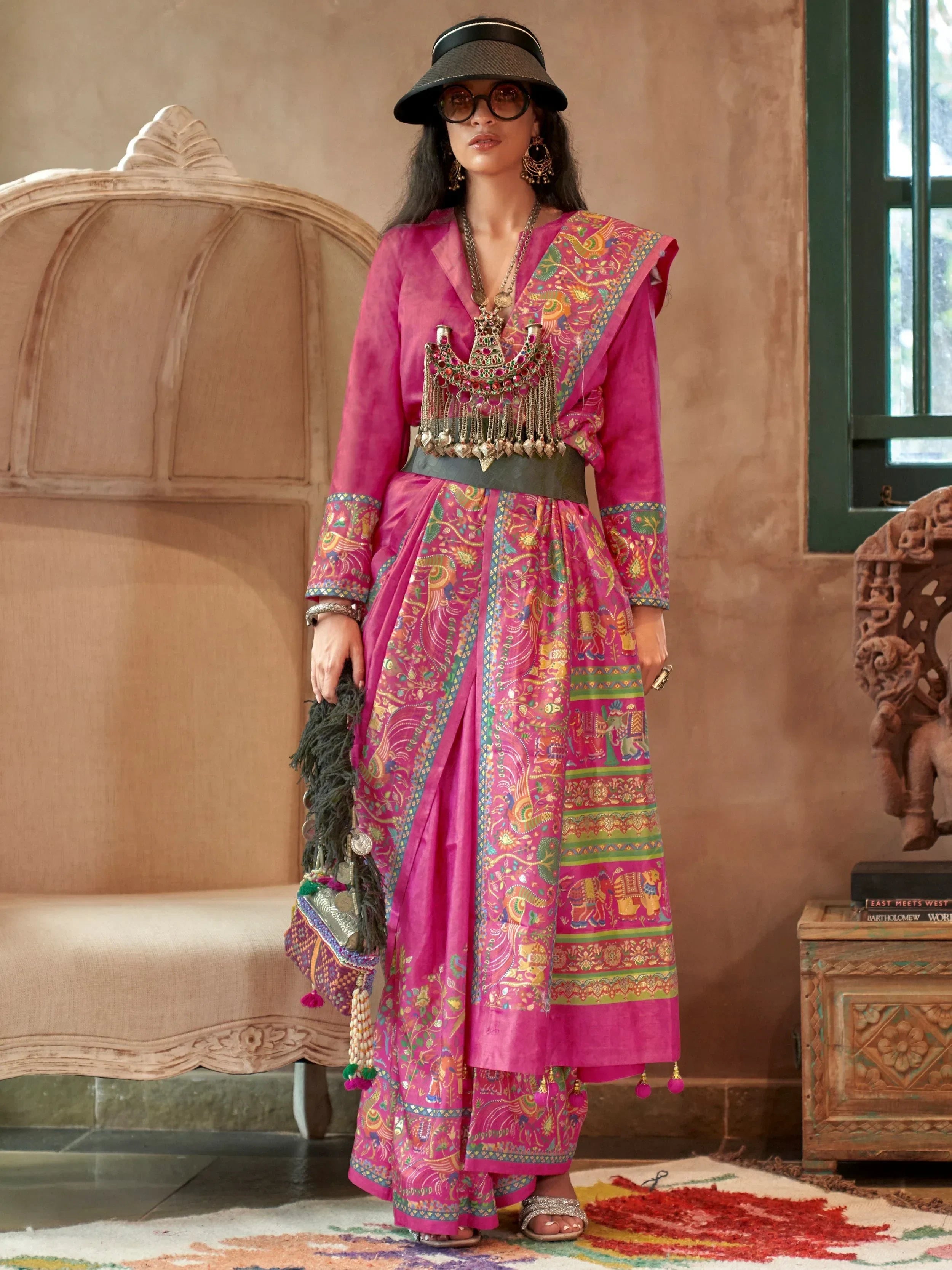 Glowing Pink Digital Printed Silk Festive Wear Saree With Blouse