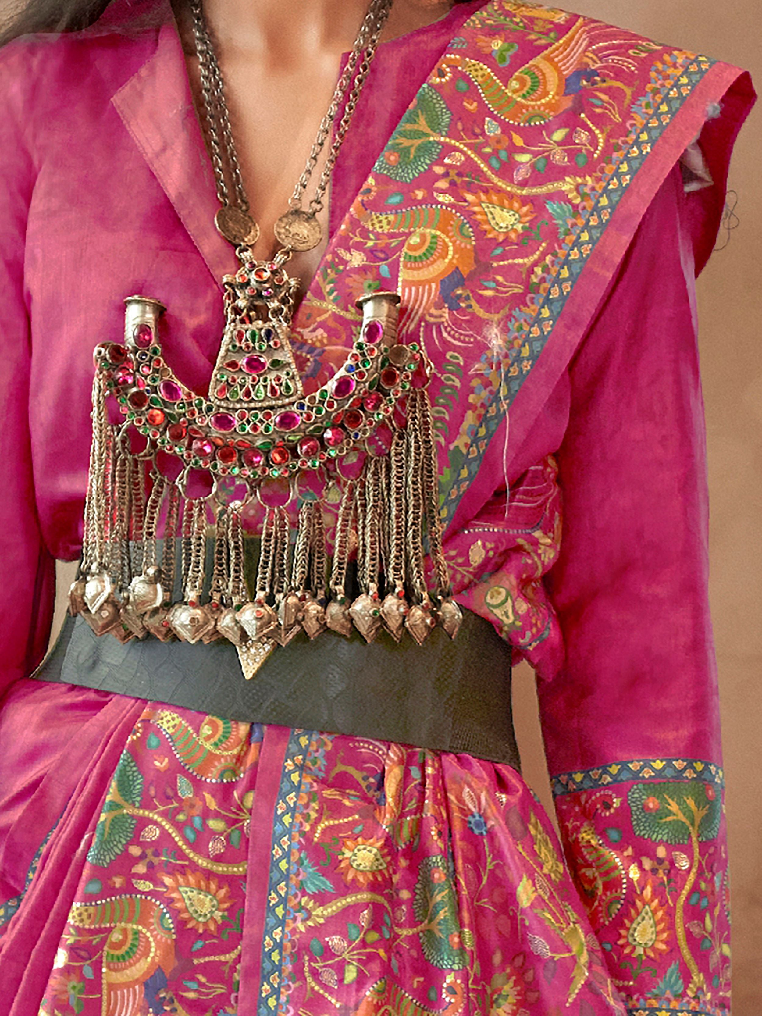 Glowing Pink Digital Printed Silk Festive Wear Saree With Blouse