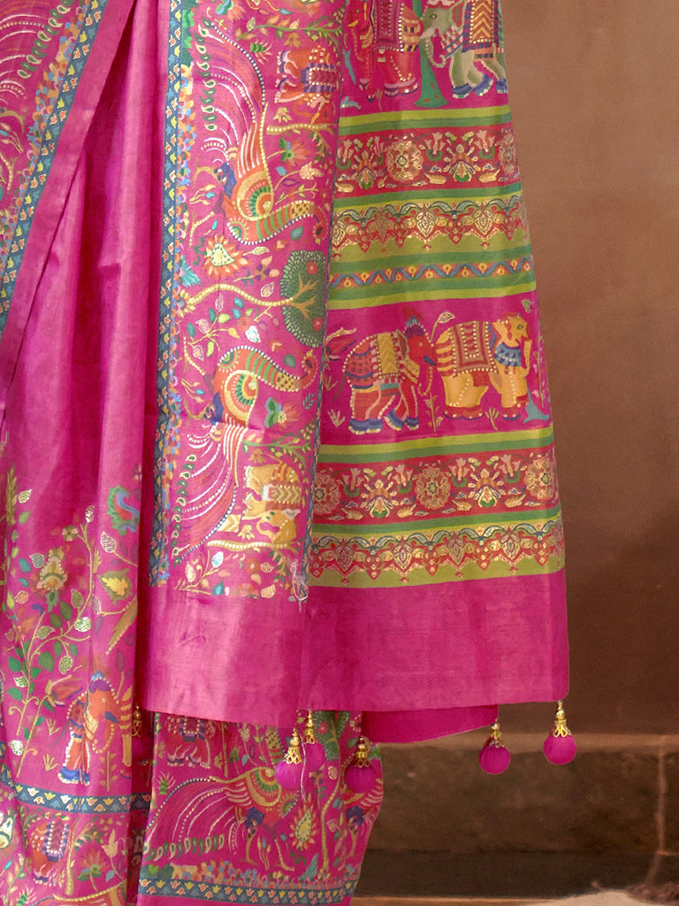 Glowing Pink Digital Printed Silk Festive Wear Saree With Blouse