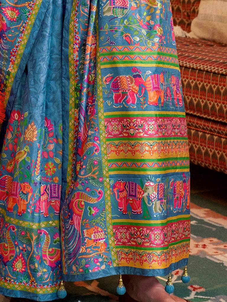 Sparkling Blue Digital Printed Silk Wedding Wear Saree With Blouse