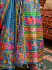 Sparkling Blue Digital Printed Silk Wedding Wear Saree With Blouse