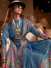 Sparkling Blue Digital Printed Silk Wedding Wear Saree With Blouse