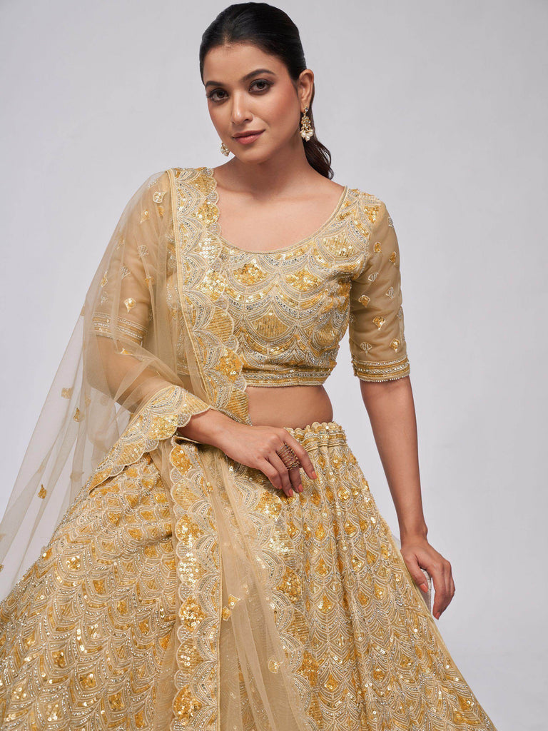 Enamoring Golden Heavy Sequins Net Wedding wear Lehenga Choli