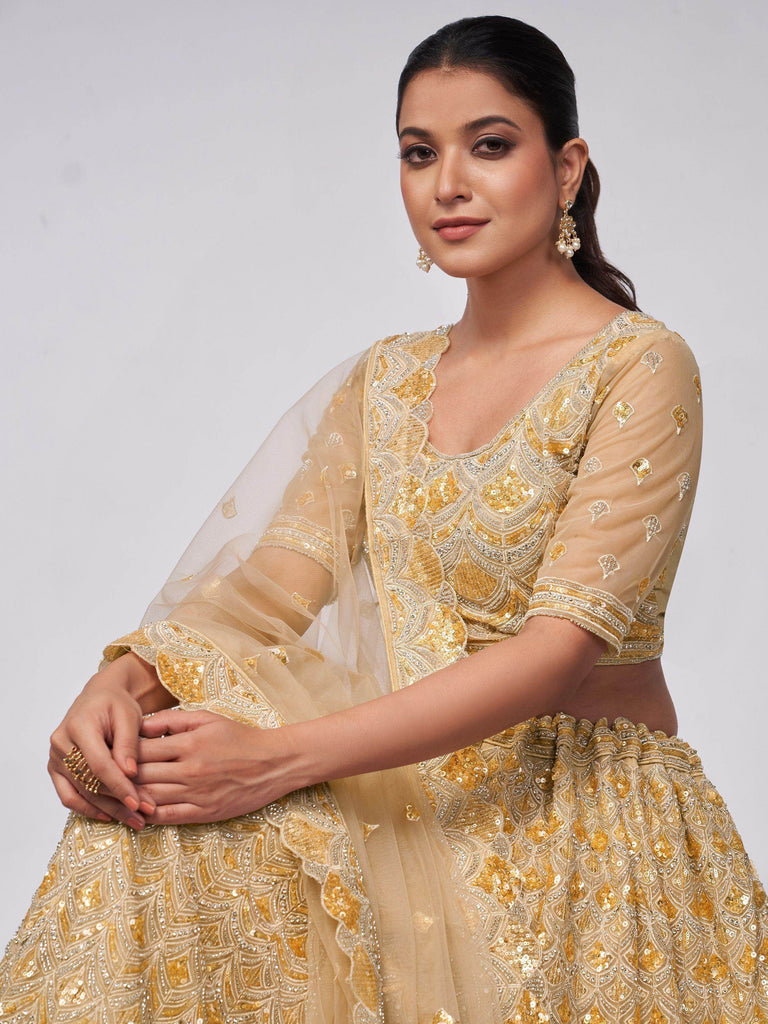 Enamoring Golden Heavy Sequins Net Wedding wear Lehenga Choli
