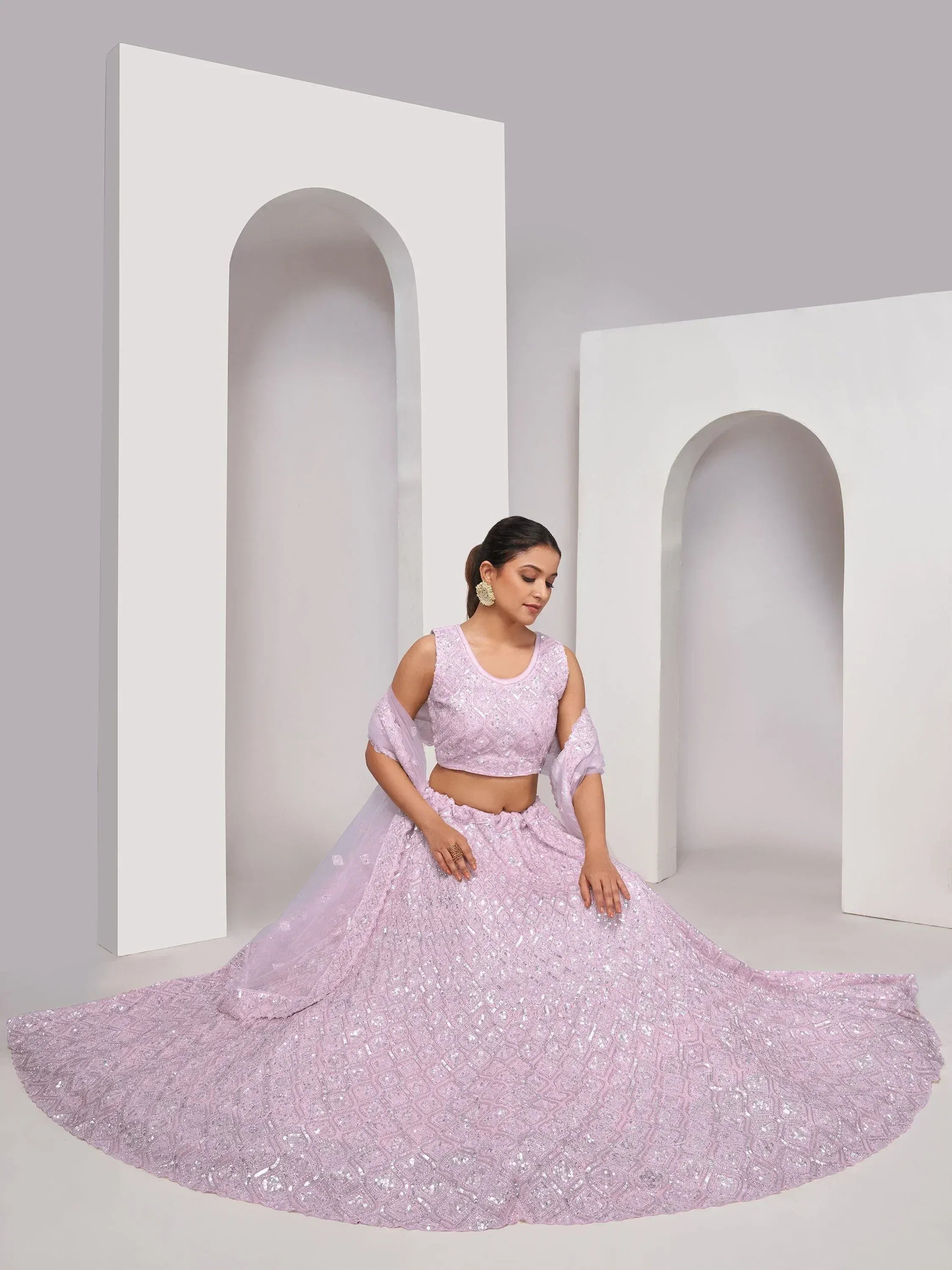Lavender sequin lehenga choli with sheer sleeves, perfect for Indian weddings and festive occasions