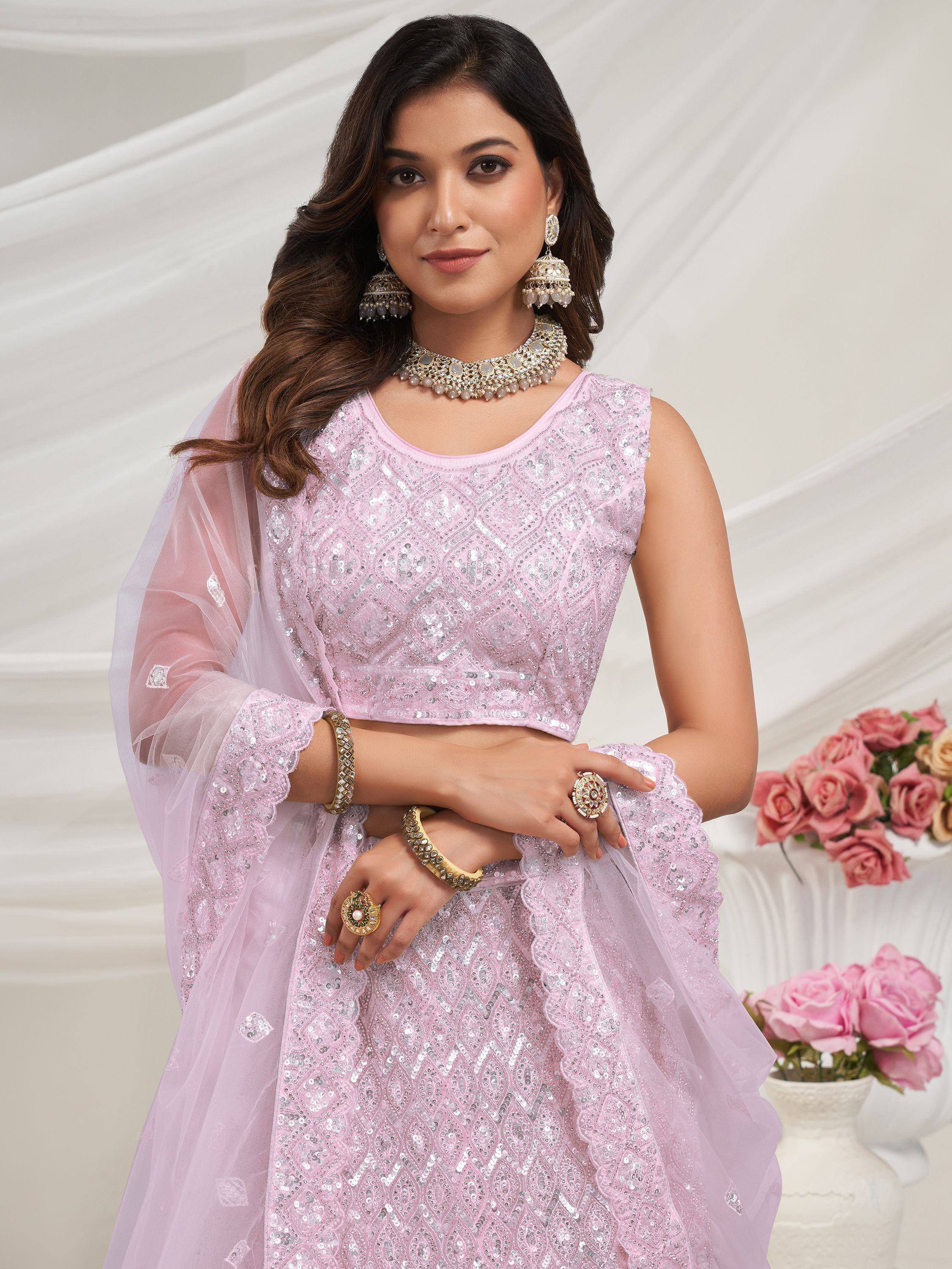 Pink sequined lehenga choli with sheer dupatta, ethnic Indian wear for weddings and parties