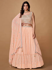 Fascinating Peach Floral Embroidered Chiffon Party Lehenga Choli