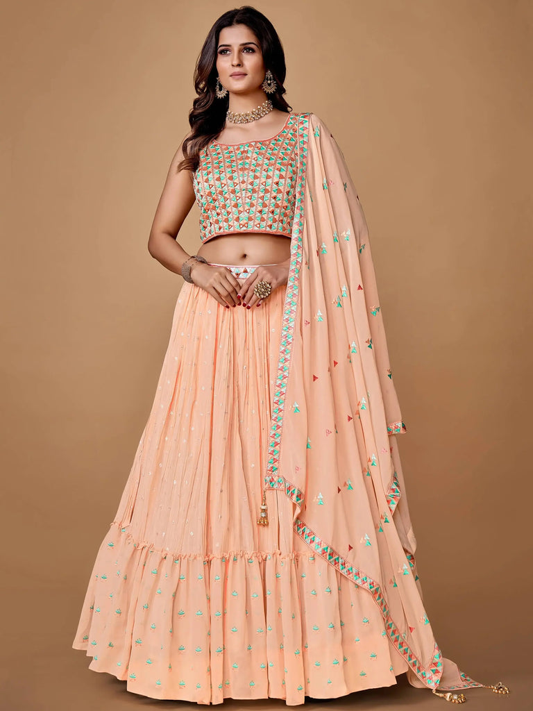 Fascinating Peach Floral Embroidered Chiffon Party Lehenga Choli