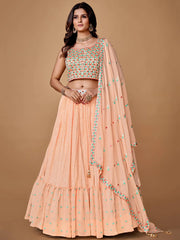 Fascinating Peach Floral Embroidered Chiffon Party Lehenga Choli