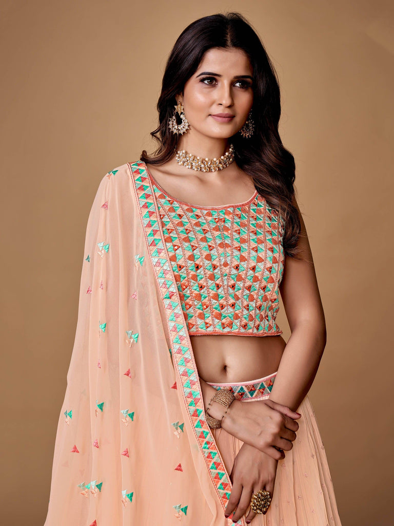 Fascinating Peach Floral Embroidered Chiffon Party Lehenga Choli