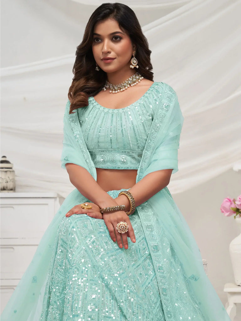 Captivating Sky Blue Heavy Sequins Net Bridesmaid Lehenga Choli