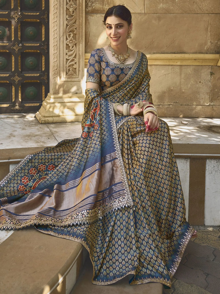 Amazing Blue Color Printed Gaji Silk Wedding Wear Saree With Blouse