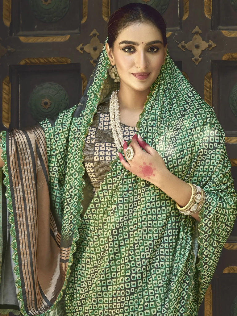 Lovable Green Color Printed Gaji Silk Festival Wear Saree With Blouse
