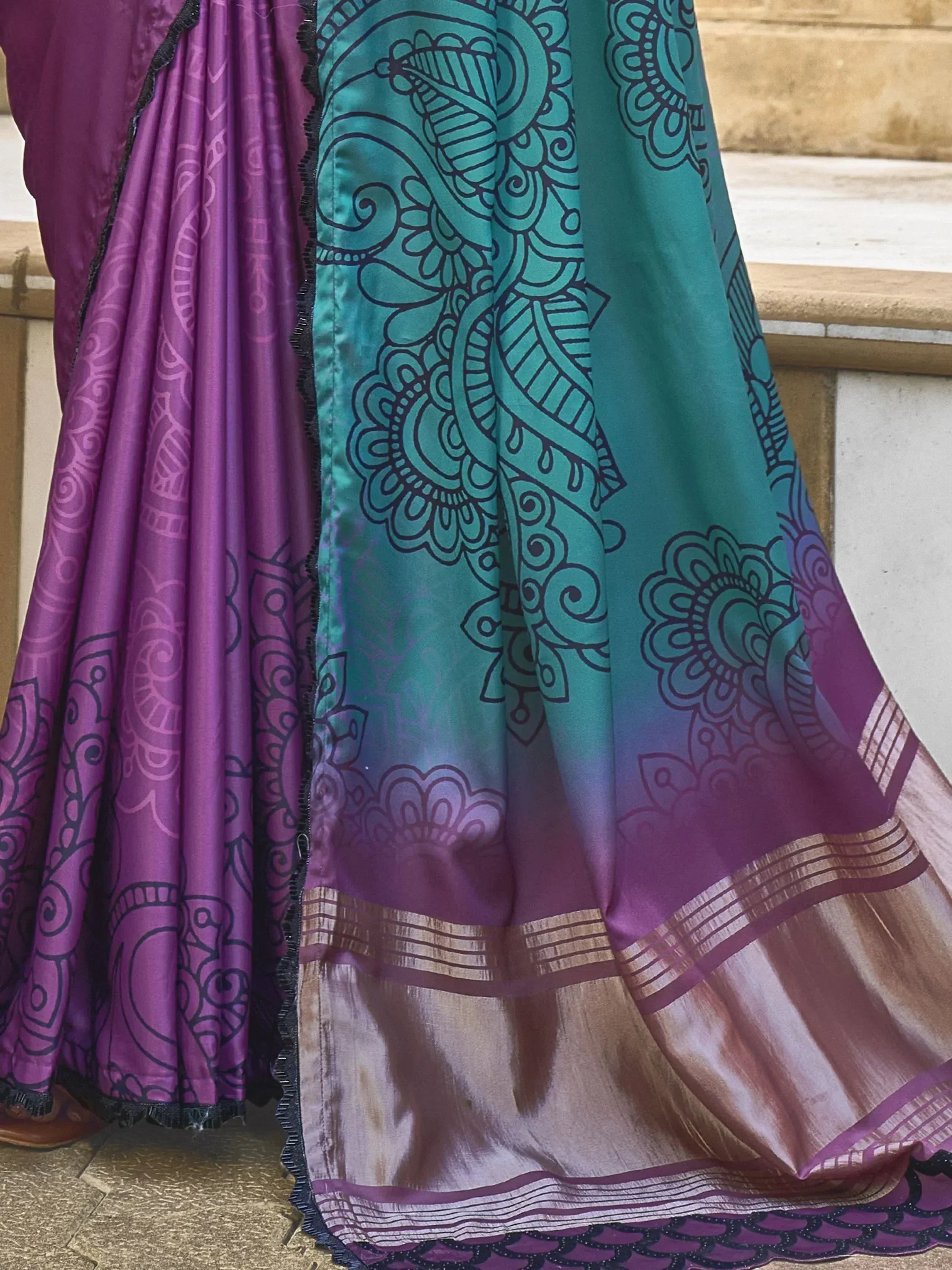 Purple and teal designer saree with intricate paisley print and golden border, ethnic wear for women