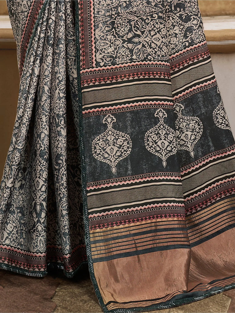 Beautiful Grey Color Printed Gaji Silk Event Wear Saree With Blouse