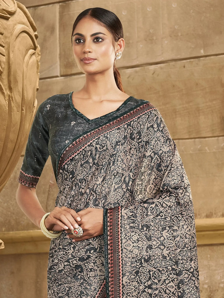 Beautiful Grey Color Printed Gaji Silk Event Wear Saree With Blouse