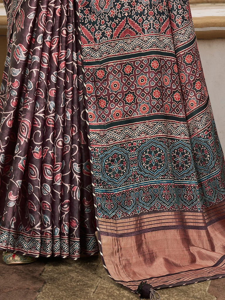 Lovable Wine Color Printed Gaji Silk Festival Wear Saree With Blouse