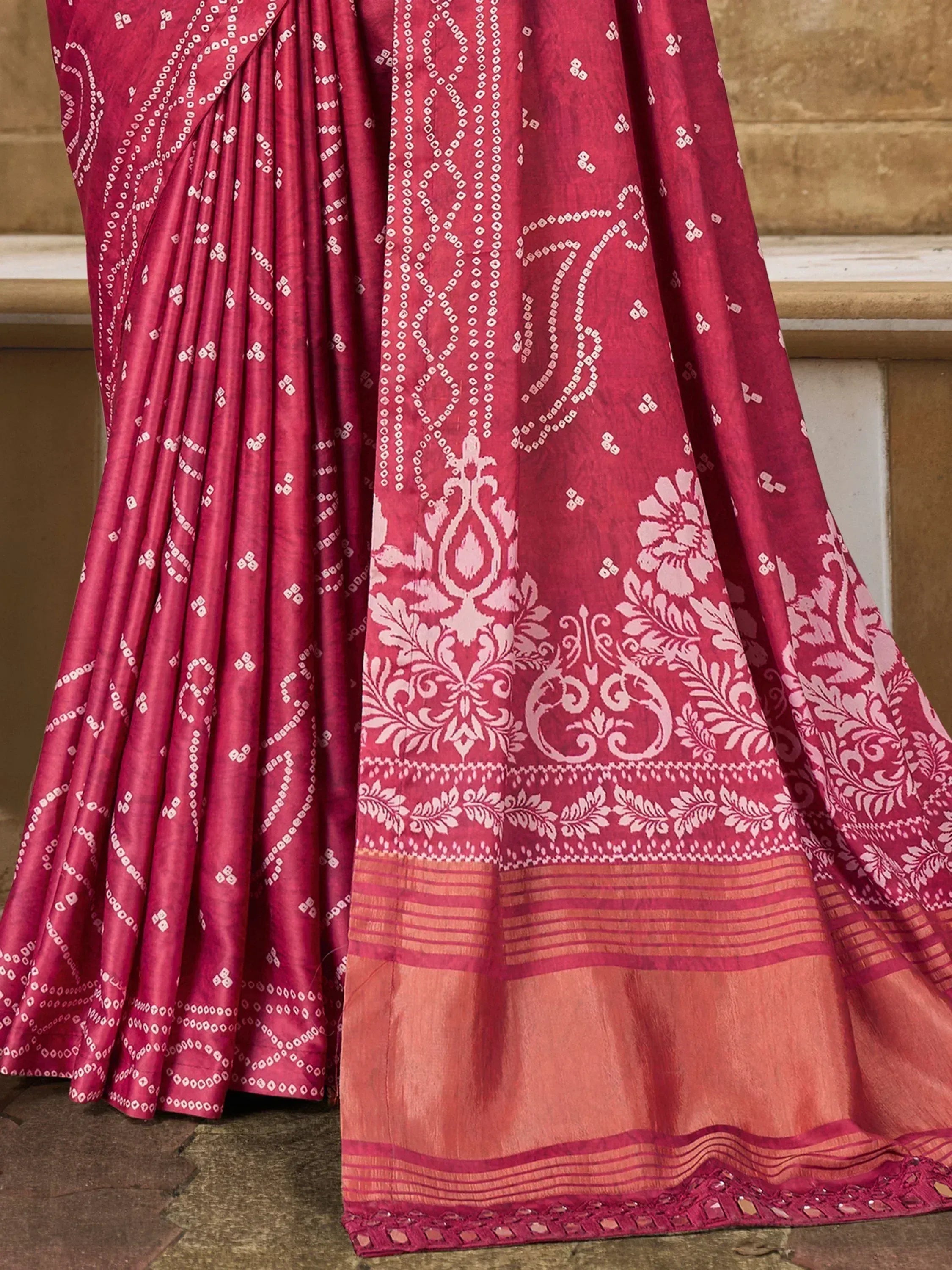 Red ethnic saree with white block print and floral motifs, perfect for Indian occasions