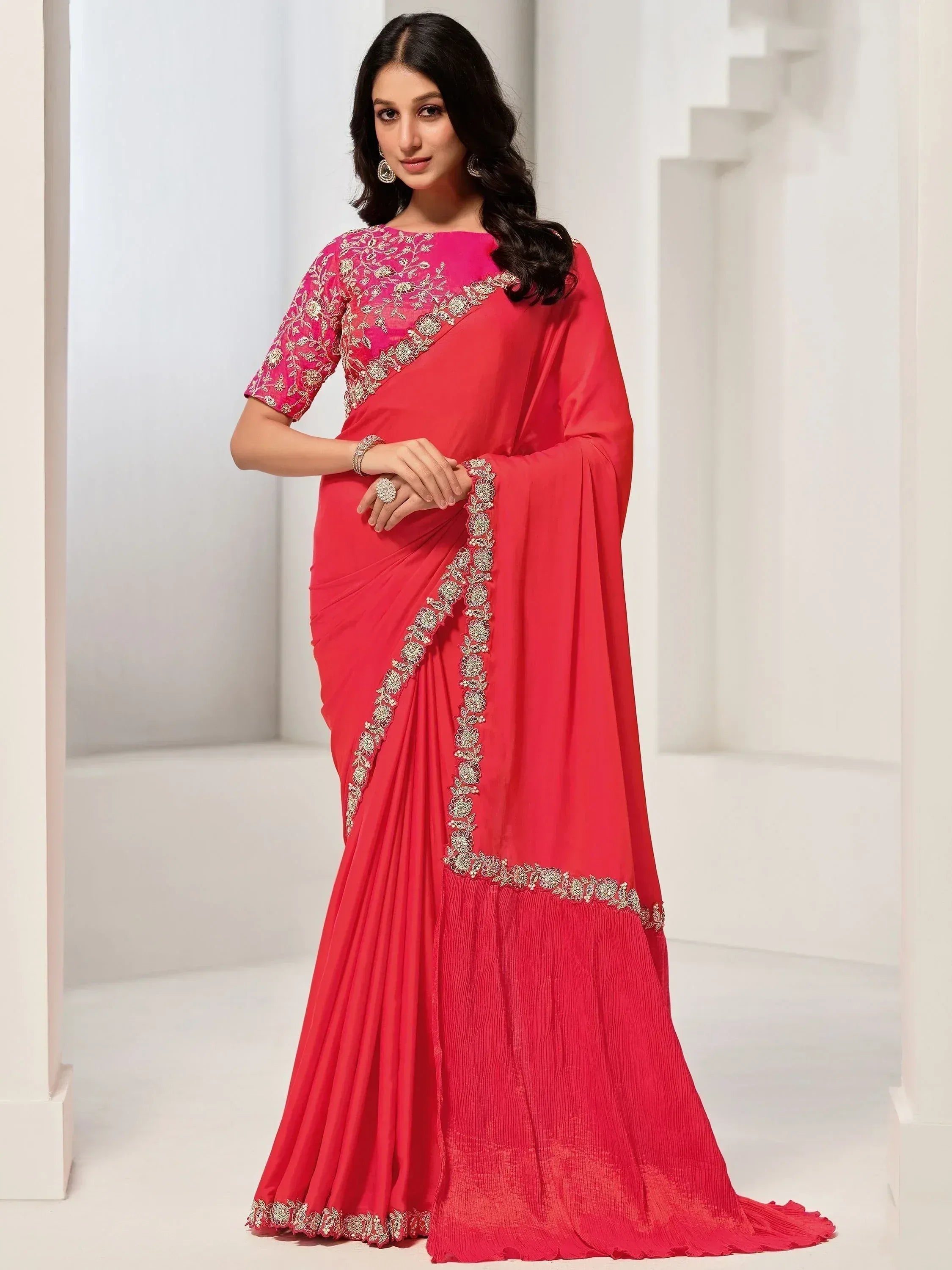 Red embroidered saree with pink blouse, Indian ethnic wear for women