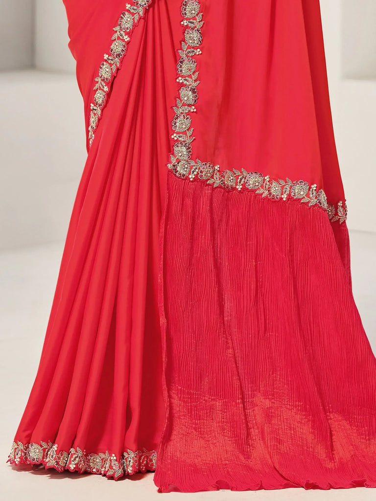 Beautiful Red Sequence Tone Silk Festival Wear Saree With Blouse