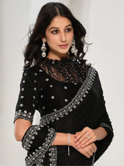 Attractive Black Sequence Satin Silk Wedding Wear Saree With Blouse