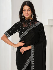 Attractive Black Sequence Satin Silk Wedding Wear Saree With Blouse