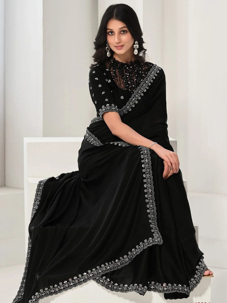 Attractive Black Sequence Satin Silk Wedding Wear Saree With Blouse