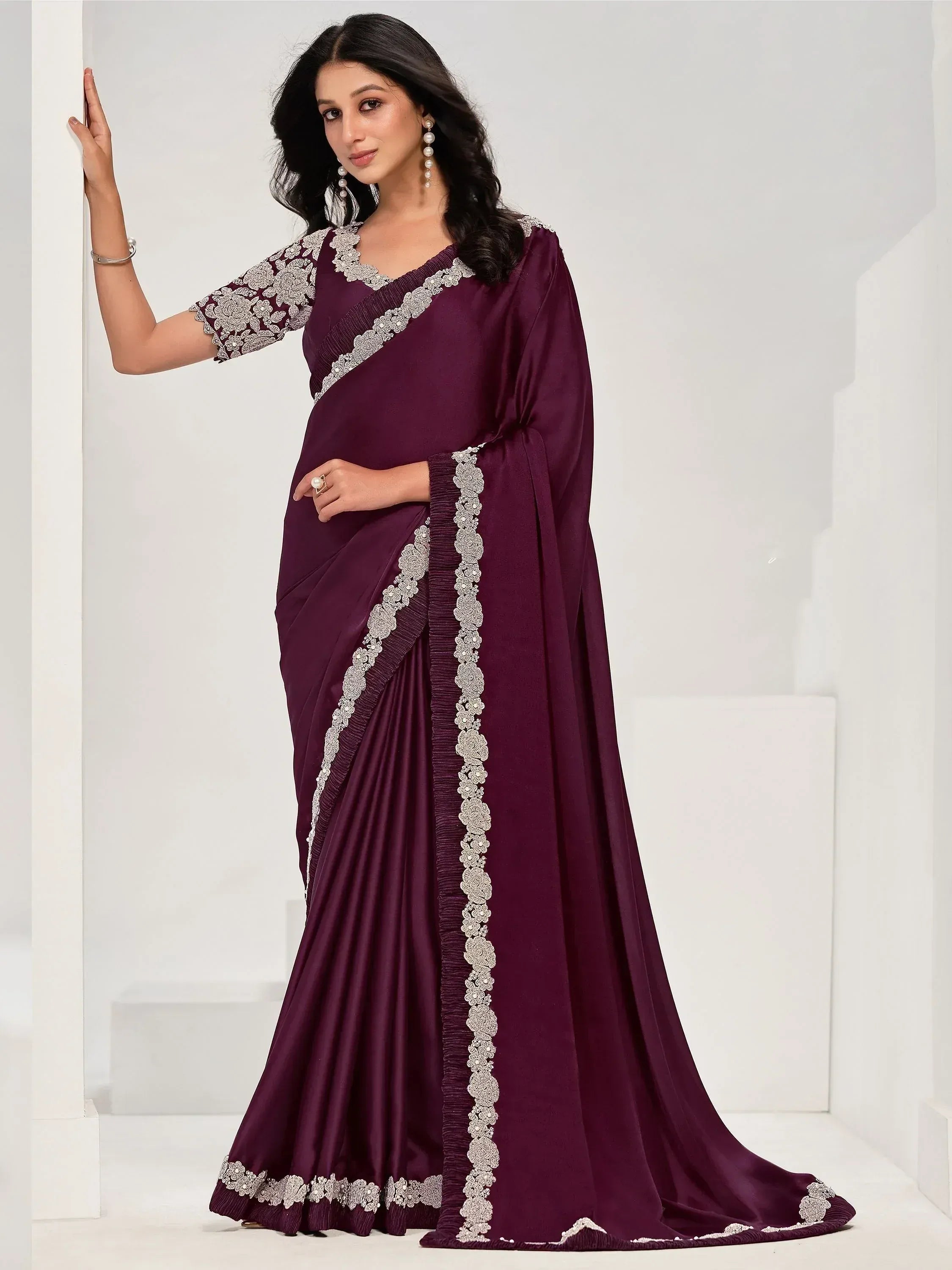 Elegant purple saree with silver floral embroidery, perfect for Indian ethnic wear occasions