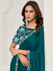 Lovely Teal Color Sequence Satin Silk Wedding Wear Saree With Blouse