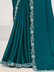 Lovely Teal Color Sequence Satin Silk Wedding Wear Saree With Blouse