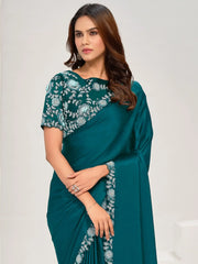 Lovely Teal Color Sequence Satin Silk Wedding Wear Saree With Blouse