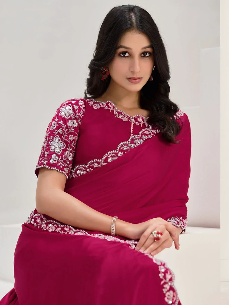 Attractive Rani Pink Sequence Satin Silk Wedding Wear Saree With Blouse