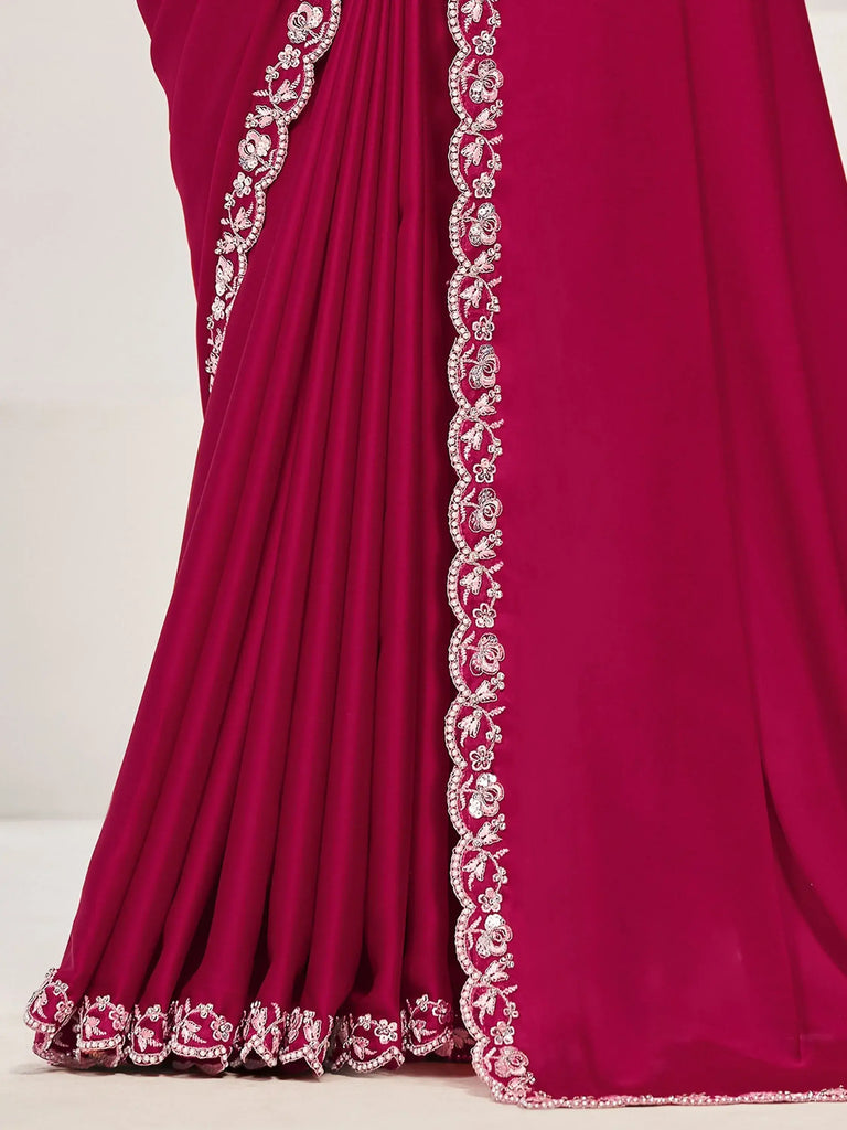 Attractive Rani Pink Sequence Satin Silk Wedding Wear Saree With Blouse