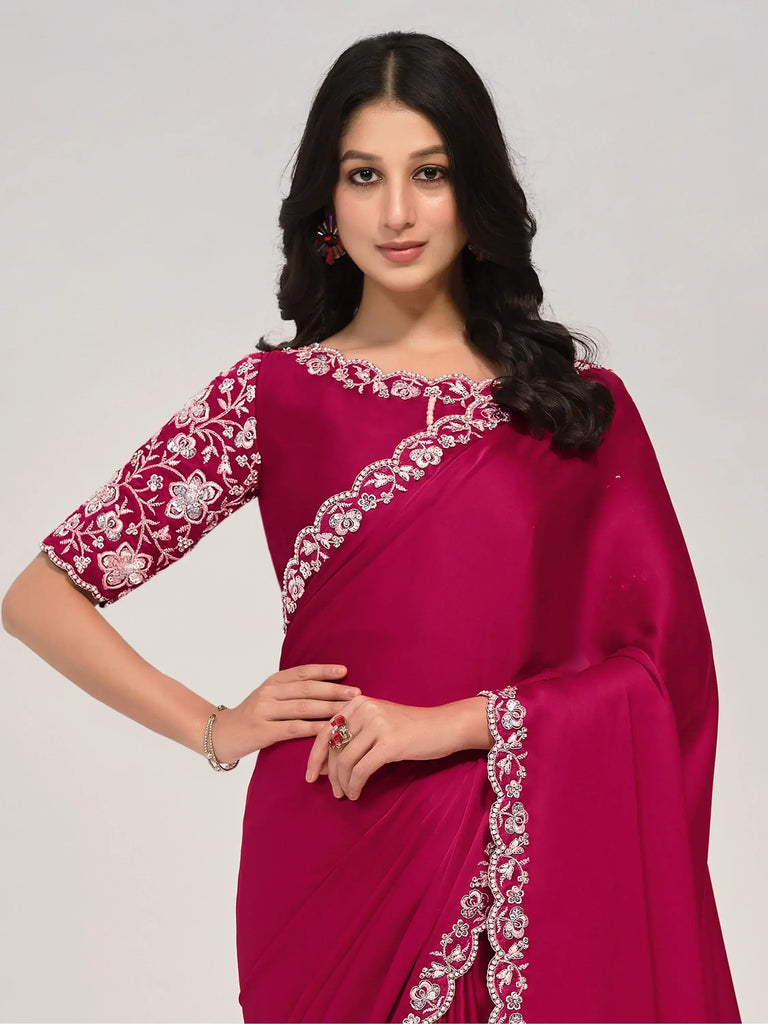 Attractive Rani Pink Sequence Satin Silk Wedding Wear Saree With Blouse