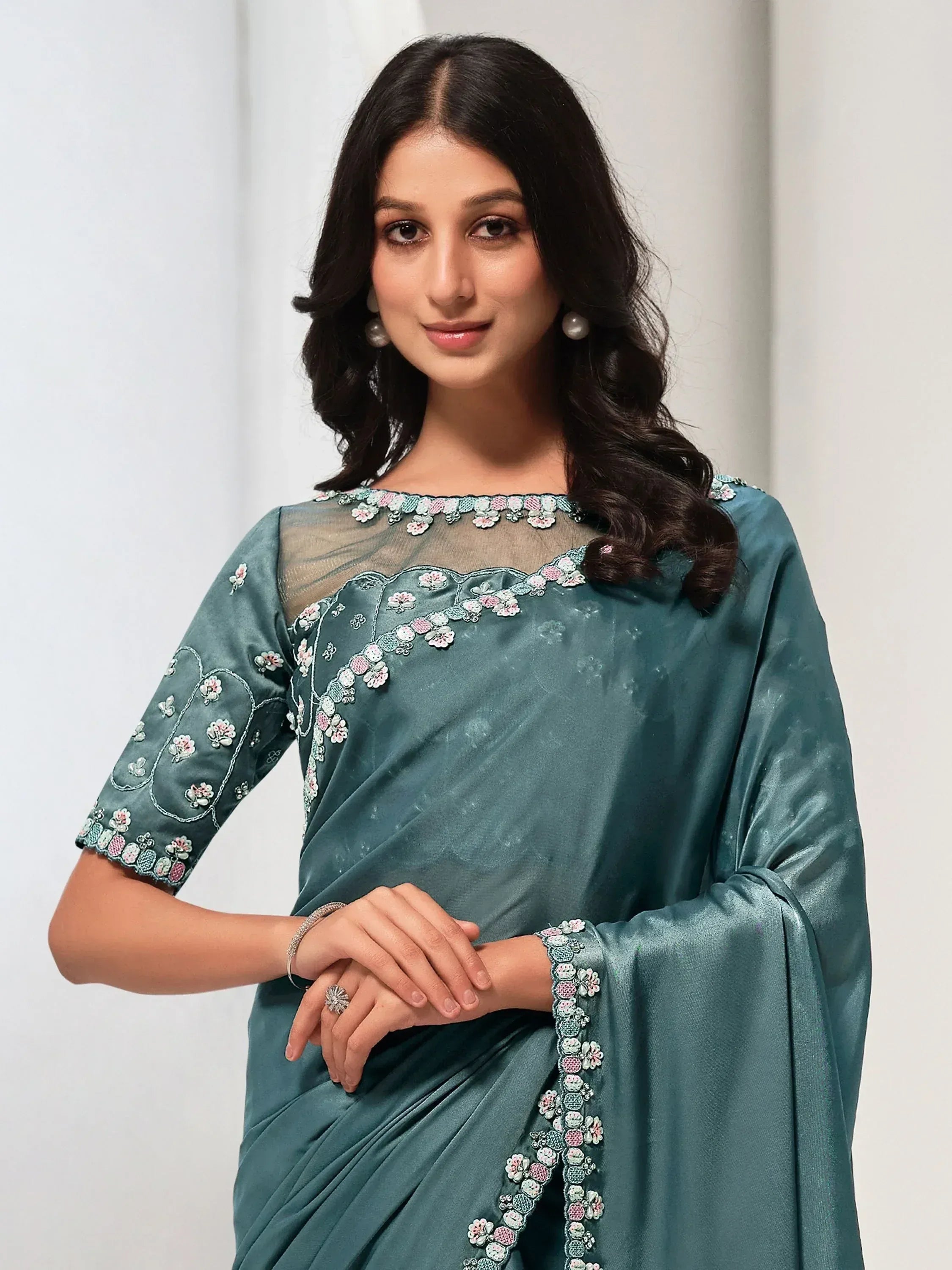 Teal saree with floral embroidery and sheer neckline, Indian ethnic wear for women