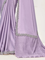 Attractive Lavender Zardosi Satin Silk Wedding Wear Saree With Blouse
