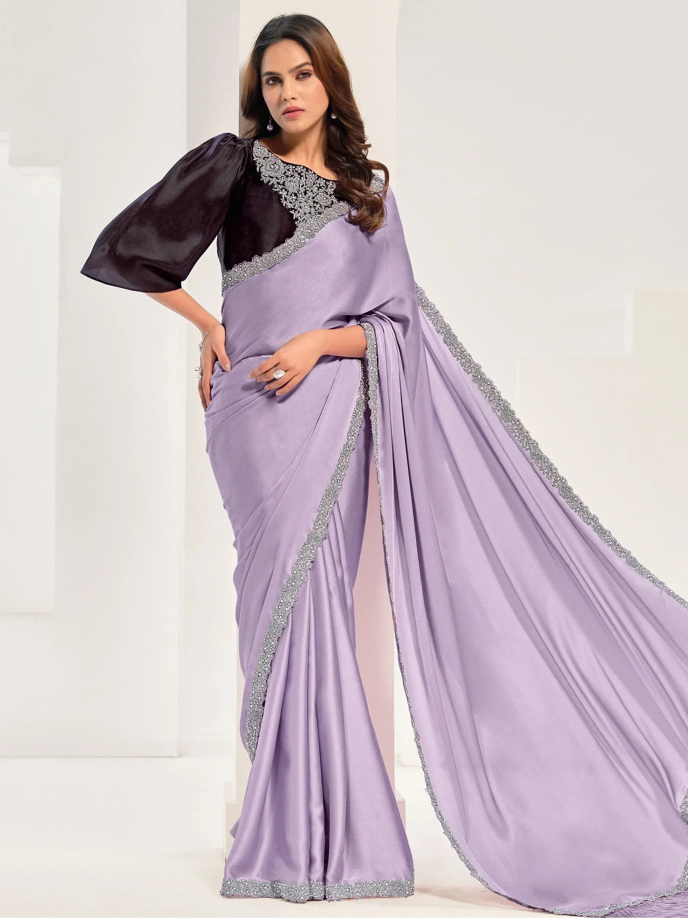 Lavender saree with silver embroidery and black blouse, Indian ethnic wear for women