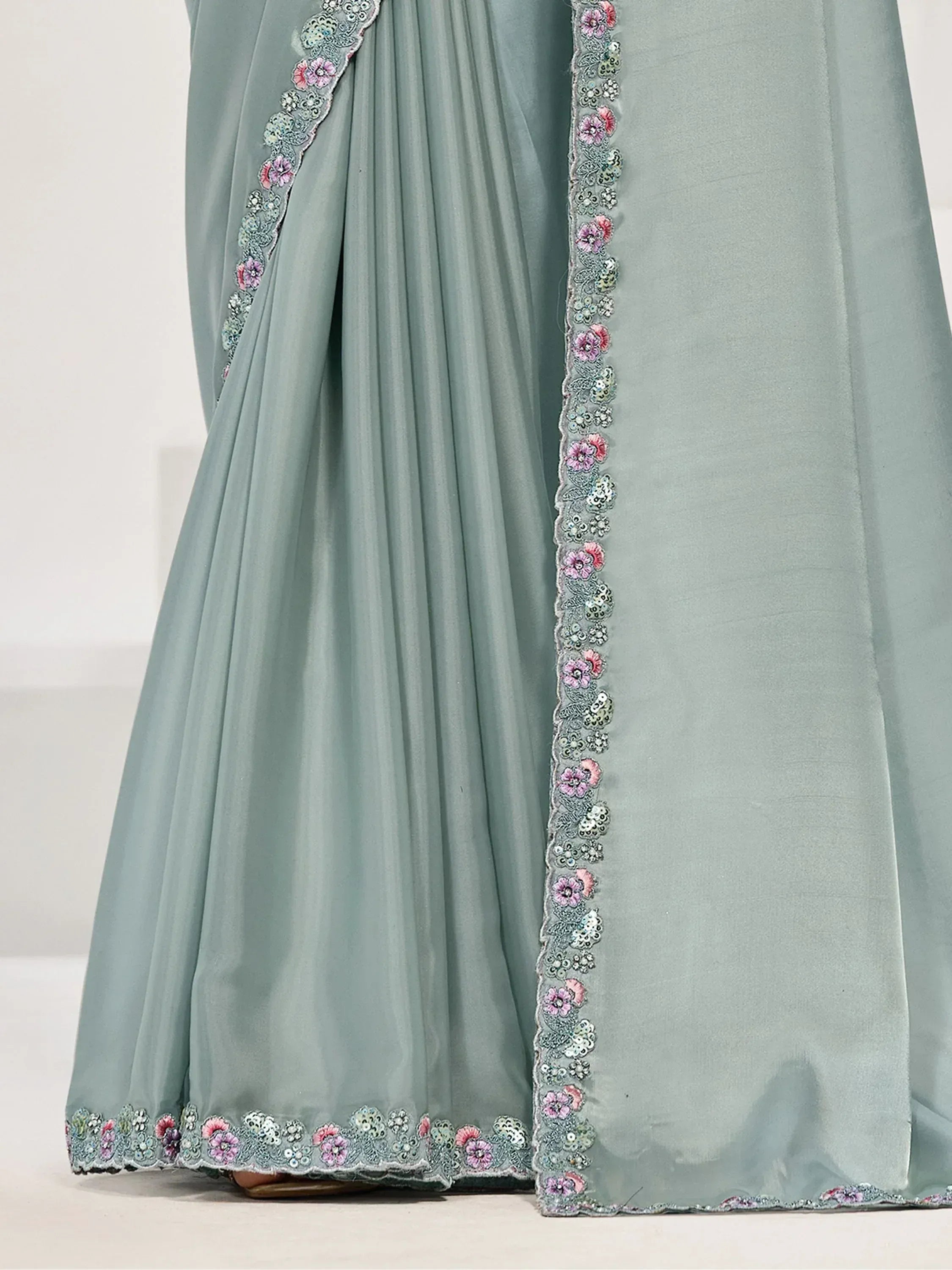 Dusty green ethnic gown with floral embroidery and sequin detailing for Indian wear