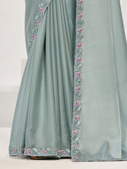 Awesome Sea Green Sequins Satin Silk Event Wear Saree With Blouse