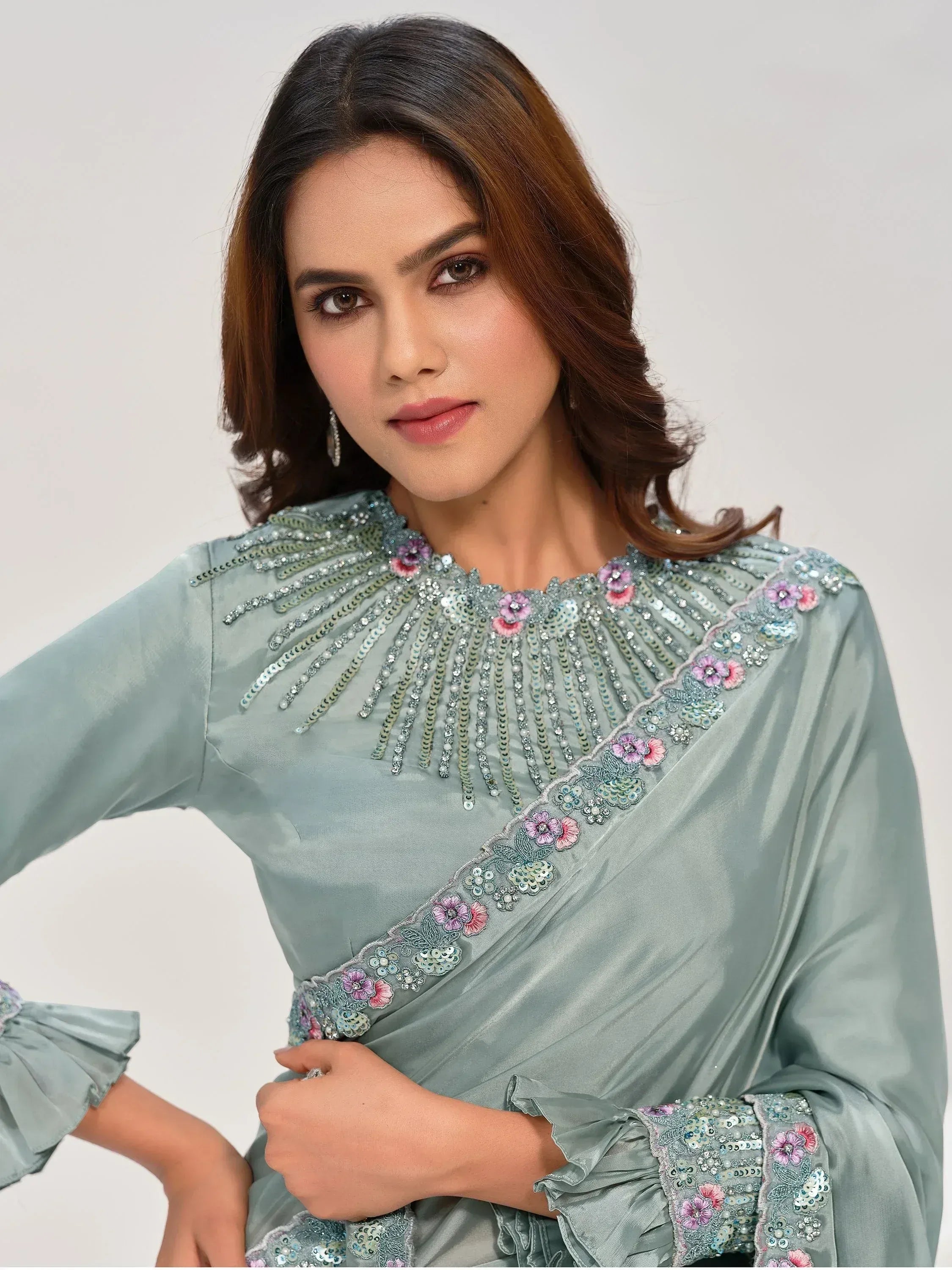 Elegant sage green ethnic gown with floral sequin embroidery and ruffled sleeves for women